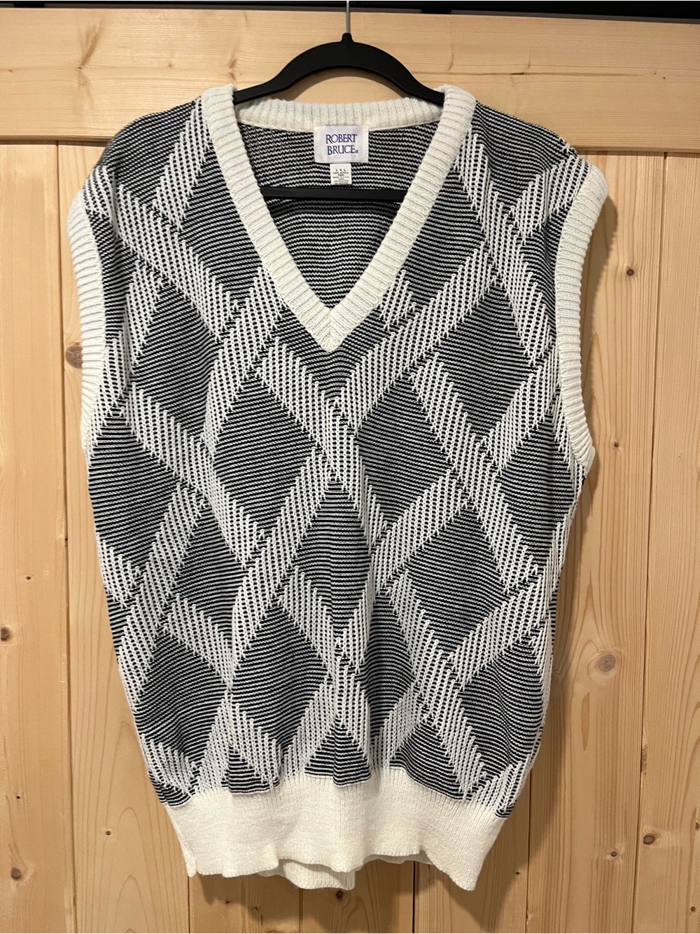 Robert Bruce Vintage Sweater Vest XL – Black & White Geometric Knit, Made USA 🇺🇸